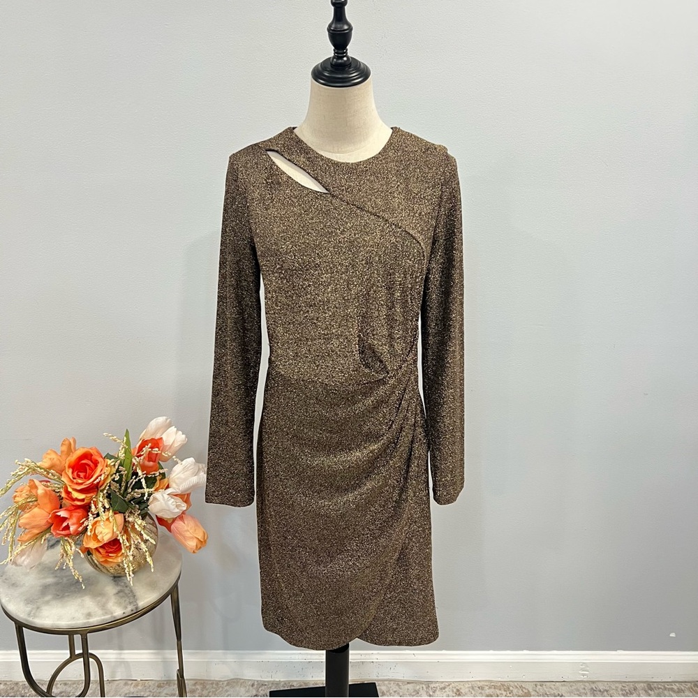 DKNY Gold Sparkling Cut Out Detail Long Sleeves Side Ruching Short Length Dress
